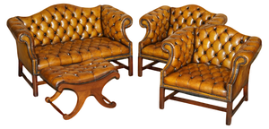 Antique Brown Leather Chesterfield Library Living Room Set, Set of 4