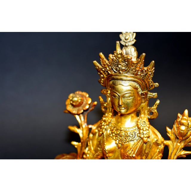 Mid 20th Century Gilt Bronze Tibetan Green Tara For Sale - Image 5 of 13