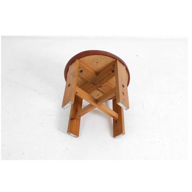Tan Vintage Midcentury Modern Leather & Pine Stool Ottoman, in the Manner of Kai Kristianssen, Sweden, 1970s For Sale - Image 8 of 12