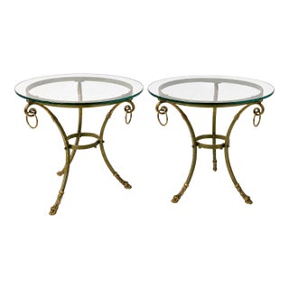 Italian Neo-Classical Maison Jansen Style Brass Steel & Glass Side Tables - Pair For Sale