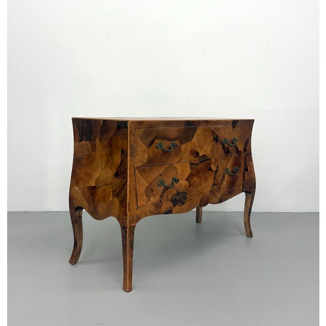 Hollywood Regency Vintage Burl Wood Bombe Chest of Drawers For Sale - Image 3 of 7