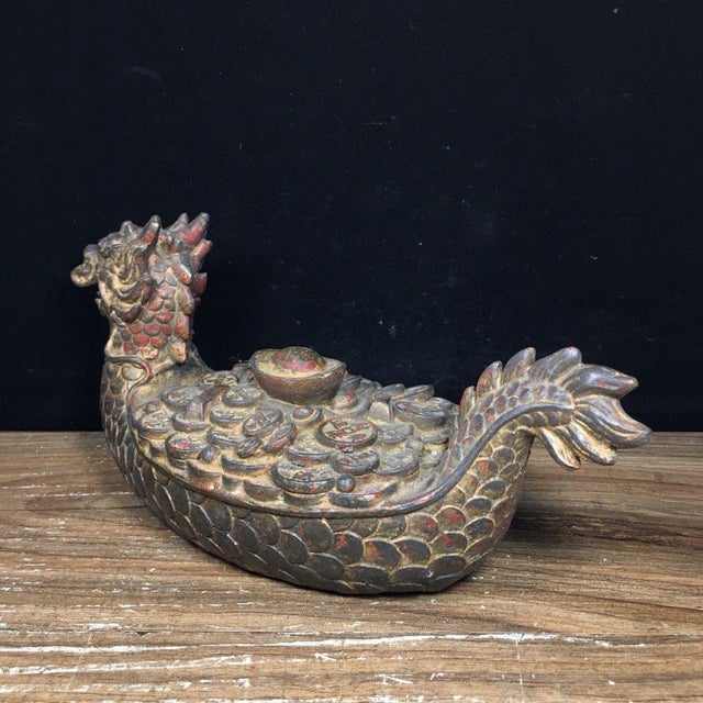 Vintage Gilt Bronze Dragon Boat Sculpture With Coin Motif and Red Patina For Sale - Image 4 of 9