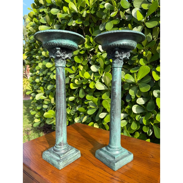 Late 20th Century Vintage Maitland-Smith Verdigris Corinthian Column Candleholders, a Pair For Sale - Image 5 of 12