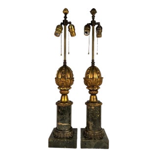 Early 20th Century French Cast Decorative Bronze and Faux Marble Table Lamps - a Pair For Sale