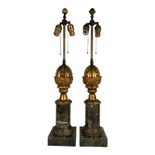 Early 20th Century French Cast Decorative Bronze and Faux Marble Table Lamps - a Pair For Sale