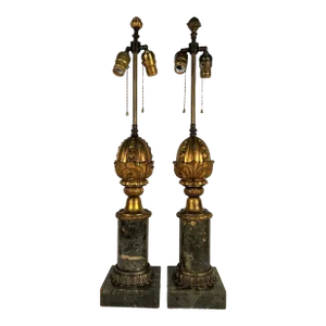 Early 20th Century French Cast Decorative Bronze and Faux Marble Table Lamps - a Pair