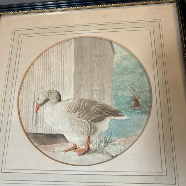 1930’s original goose on farm watercolor painting. Signed and framed. Measures 12.5x12.5 overall. Check out my shop Robins...