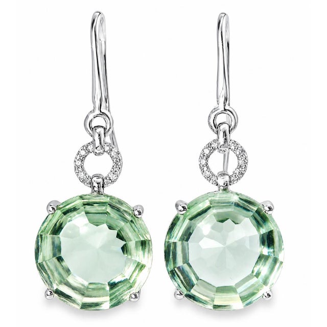 Mid 20th Century 18k White Gold Diamond Cabochon Green Amethyst Hanging Earrings, Pair For Sale - Image 4 of 4