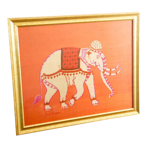Mid Century Modern Wall Art Elephant Scarf Pink Gold Jim Thompson 31x25 Vintage