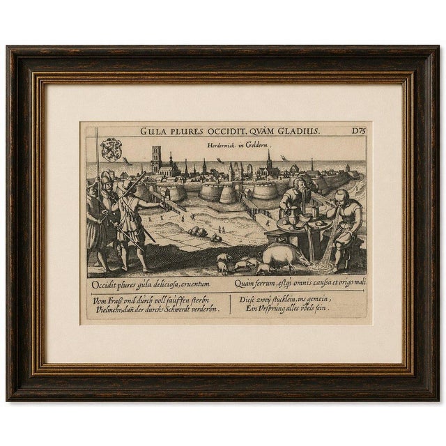 Gluttony Kills More Than the Sword, Harderwijk Engraving, c.1625 This rare emblematic city view depicts the fortified...