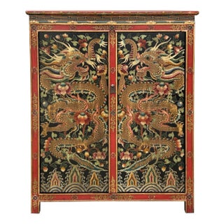 Tibetan Style Golden Double Dragons Graphic Credenza Storage Cabinet For Sale