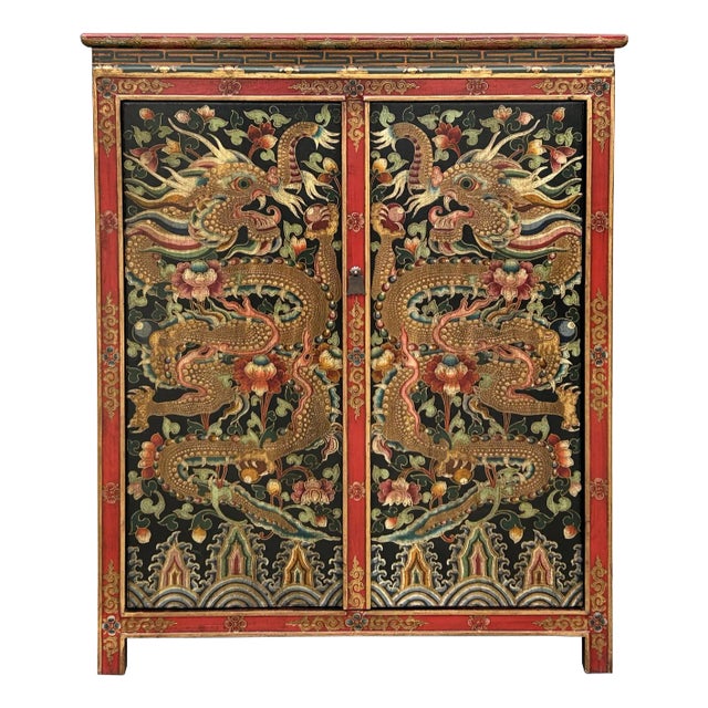 Tibetan Style Golden Double Dragons Graphic Credenza Storage Cabinet For Sale