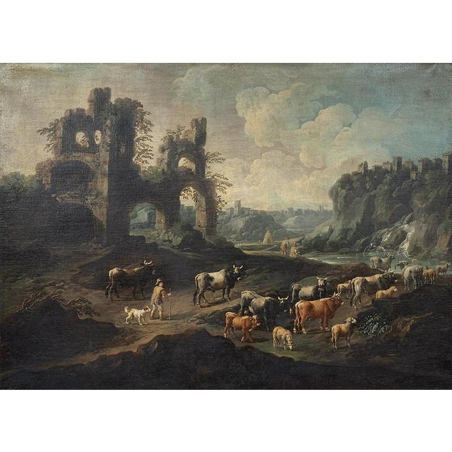 After Domenico Brandi, The Mammolo Bridge and a Roman Landscape with Ruins, Naples, Early 18th Century, Oil Paintings on Canvas, Framed, Set of 2 For Sale - Image 6 of 8