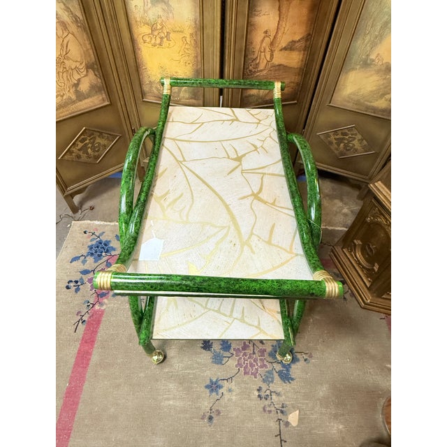 Wood Mid-Century Aldo Tura Style Rattan and Faux Malachite Bar Cart - Newly Painted For Sale - Image 7 of 11
