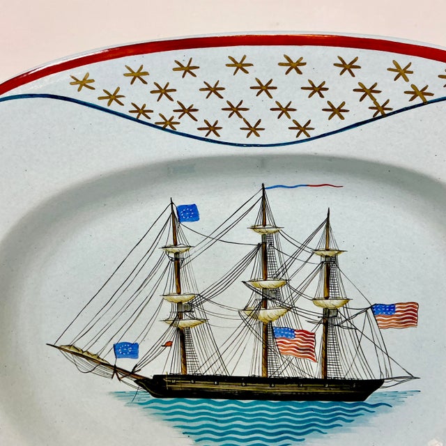 Sky Blue 1976 Vintage Americana Nautical Coastal Mottahedeh Limited Edition Platter, U S Frigate Hornet Mast Ship For Sale - Image 8 of 17