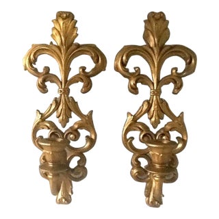 Mid-20th Century Fleur De Lis Gold Candle Sconces - a Pair For Sale