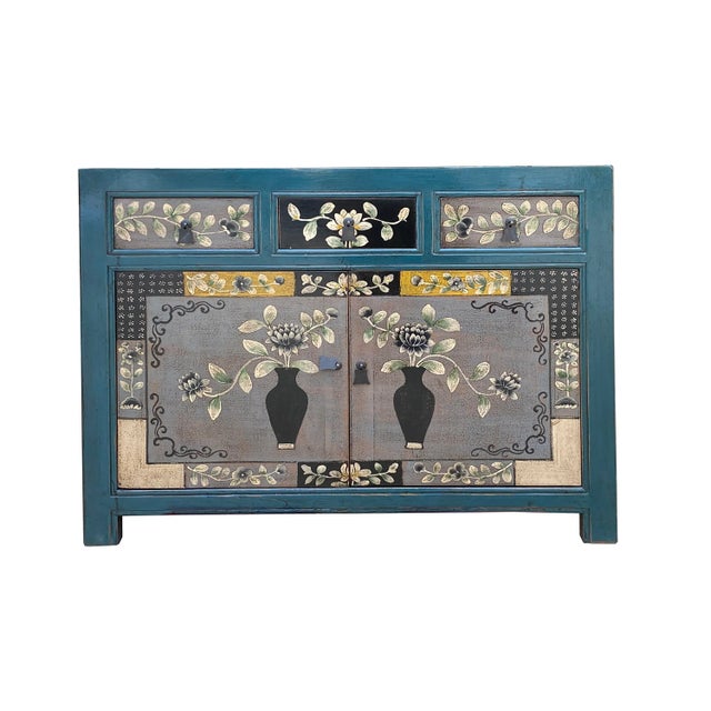 Wood Chinese Distressed Teal Green Gray Flower Graphic Credenza Cabinet For Sale - Image 7 of 7