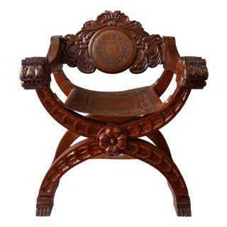 Spanish Colonial Savonarola Chair With Carved Lion Heads and Tooled Leather For Sale