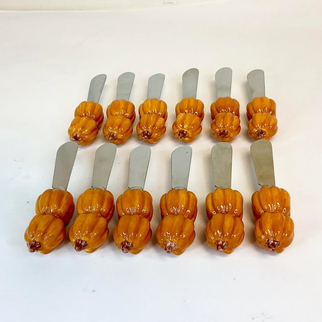 Pumpkin 1990s Vintage Pottery Barn Pumpkin Butter Knife Spreaders - Set of 12, Thanksgiving, Halloween For Sale - Image 8 of 8