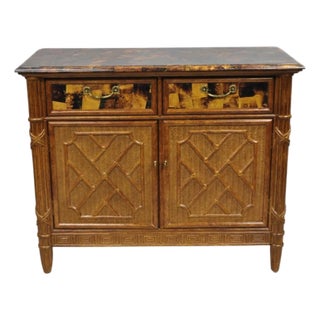 Chinese Chippendale Faux Bamboo Rattan Tortoiseshell Server Buffet Bar Cabinet For Sale