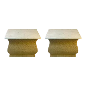 1980s Modern Travertine & Wicker Corseted Tables - A Pair