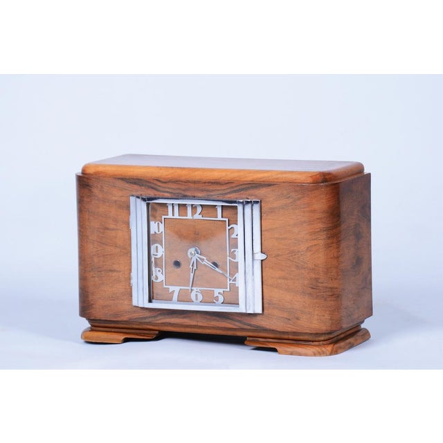 Art Deco Table Clock in Walnut, Chrome, and Glass, Czech, 1920s For Sale - Image 13 of 13