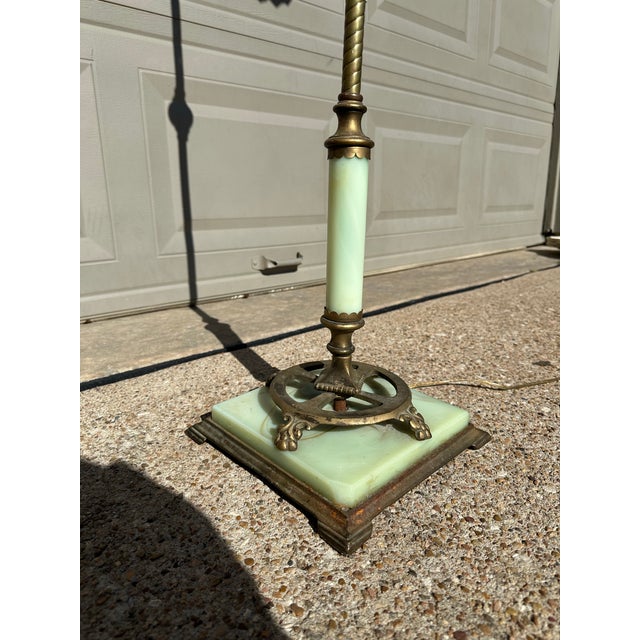 1920s 1920s Antique Art Deco Uranium Glass Jadeite Floor Lamp With Stained Glass Shade For Sale - Image 5 of 9