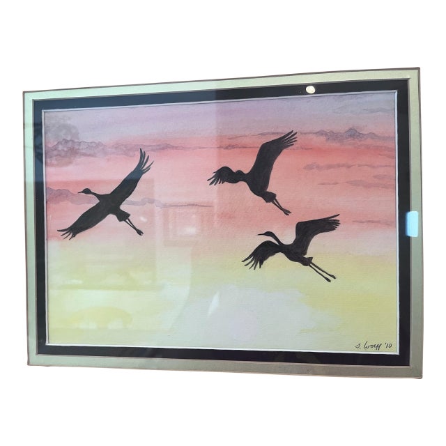 Original Signed Ilse Wolff Watercolor “Riverbend Cranes” – 2010 Framed Nature Painting For Sale