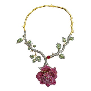 Bochic "Orient" Vintage Ruby & Multi Gem Flower Necklace Set In 18K Gold & Silver For Sale