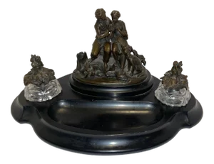 19th Century French Bronze and Crystal Double Inkwell Set With Sculpture, "Paul Et Virginie" - 5 Piece Set