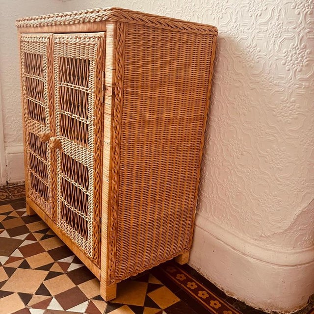 Vintage Wicker Shelved 2-Door Cupboard For Sale - Image 12 of 14