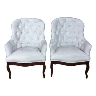 19th Pair of Louis XV Bergère Armchairs in White Velvet For Sale