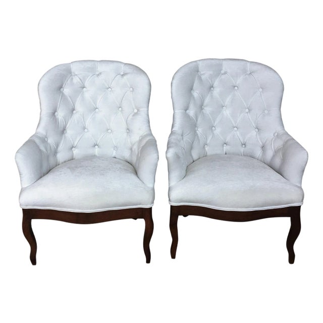19th Pair of Louis XV Bergère Armchairs in White Velvet For Sale