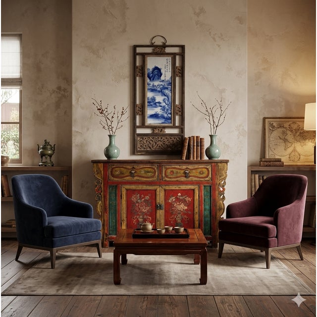 Chinese Distressed Mustard Yellow Red Flower Sideboard Credenza Cabinet For Sale - Image 10 of 10