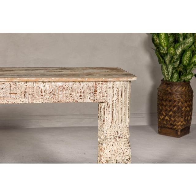 Mughal Style Whitewash Console Table with Carved Apron and Lower Shelf For Sale - Image 9 of 12