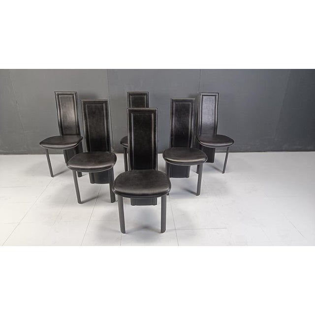 Vintage Black Leather High-Back Dining Chairs, 1980s, Set of 6 For Sale - Image 3 of 11