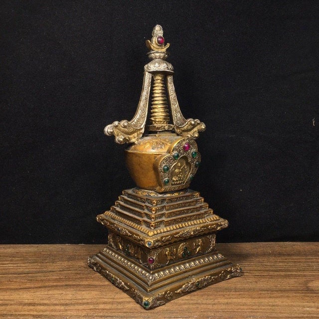 Bronze Vintage Tibetan Gilt Bronze Stupa - Buddhist Reliquary Pagoda With Gemstone Inlay For Sale - Image 8 of 9