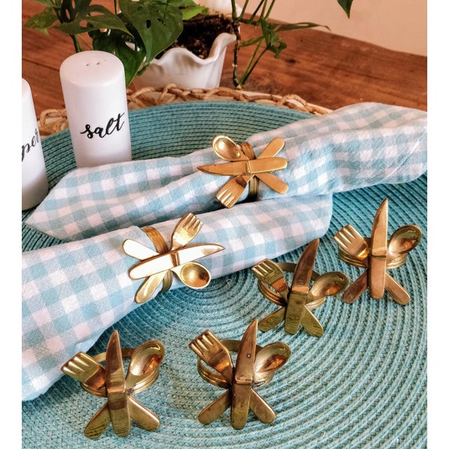 Vintage Brass Napkin Rings With Utensils Set of Six Knife Spoon Fork For Sale In Fayetteville, AR - Image 6 of 8
