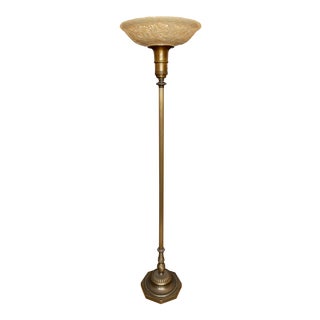 Vintage 1940s Brass Torchiere Floor Lamp with Milk Glass Shade For Sale