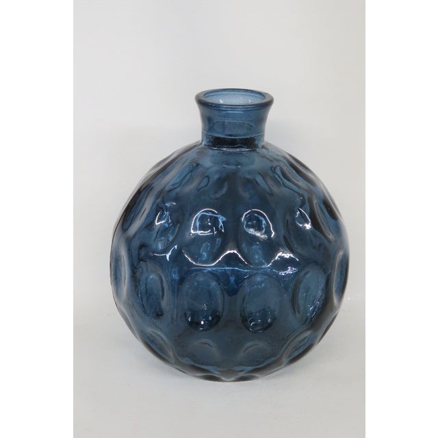 Blue Blue Glass Round Bottle Vase Thumbprint Design 4691b For Sale - Image 8 of 16