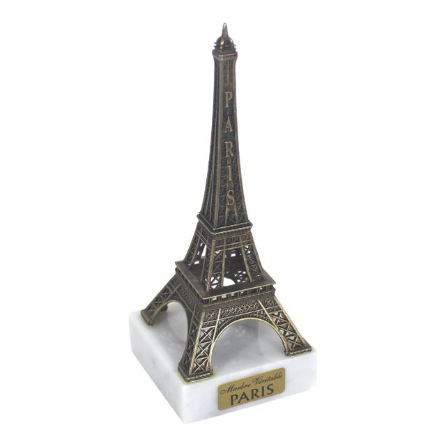 Vintage Eiffel Tower, Small Gold Brass and Marble Souvenir of Paris France For Sale