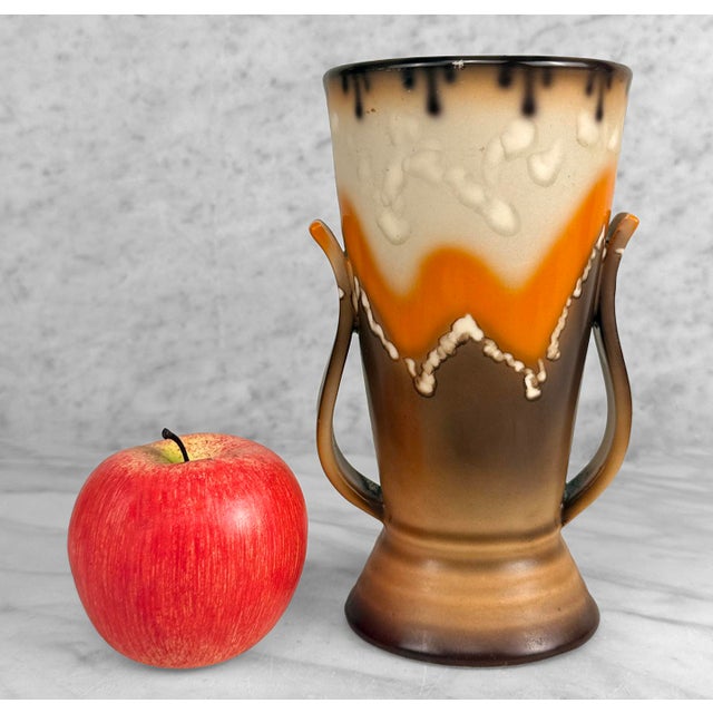 - Original Art Pottery Vase Signed "Checho-Slovakia" - Attractive Orange and Brown Glazed Finish with a Mountain Motif -...