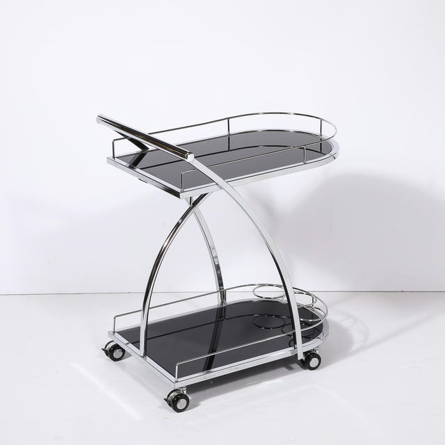 Art Deco Bullet Form Two-Tier Rolling Bar/Serving Cart in Vitrolite & Chrome For Sale - Image 12 of 14