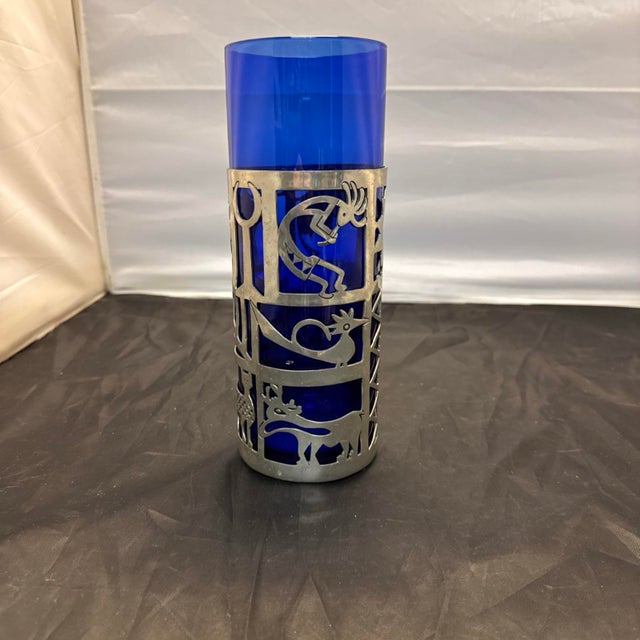 Kachina Candle Holder Cobalt Blue Glass Vase Universal Pewter Hurricane Wrap For Sale - Image 4 of 10
