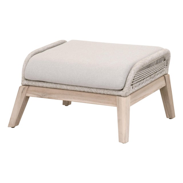 Loom Teak & Rope Outdoor Footstool, Taupe & White Flat Rope For Sale - Image 4 of 11