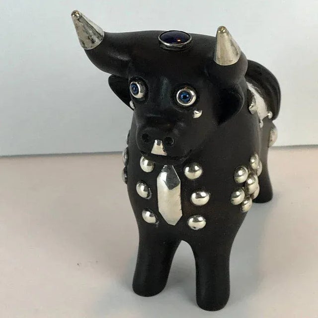 1960s Mid-Century Carved Wood and Silver Taurus Bull Sculpture For Sale - Image 4 of 11