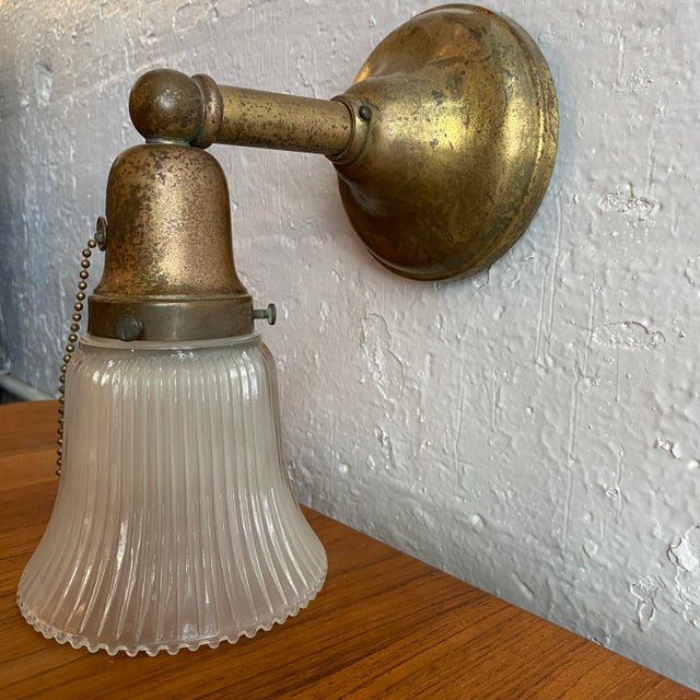 Brass Antique Industrial Brass Wall Sconce With Acid-Etched Ribbed Glass Shade For Sale - Image 8 of 10