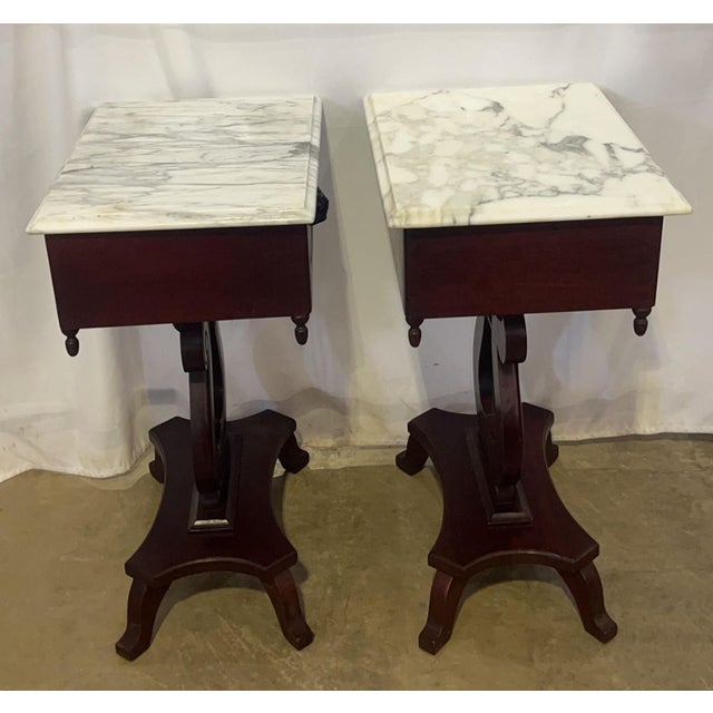 Antique American Empire Style Mahogany Lyre Parlor Tables With Distinct Italian Marble Tops - A Pair For Sale - Image 4 of 10