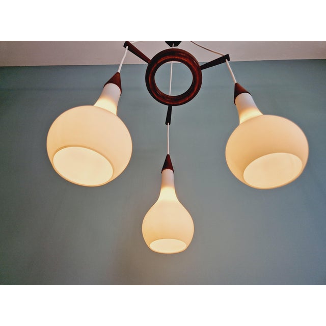 Scandinavian Chandelier in Teak and White Satin Glass, 1960s For Sale - Image 11 of 14