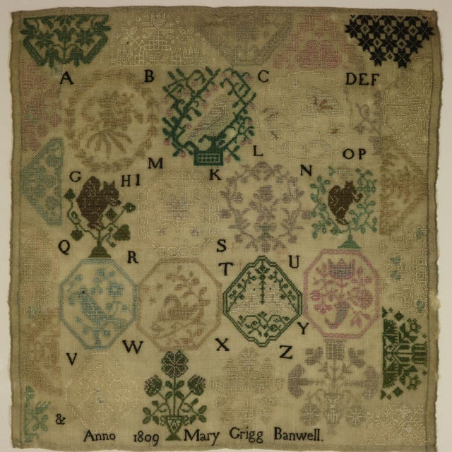 Antique Quaker Sampler, 1809, Mary Grigg, Banwell. The sampler is worked in silk threads on a linen ground, mainly in...